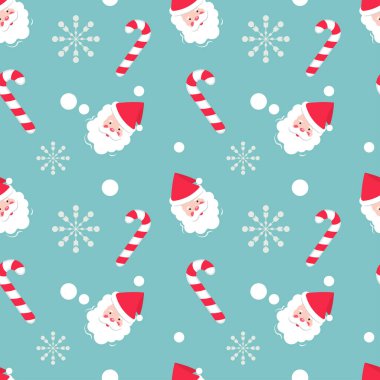 Noel ve yeni yıl için kusursuz bir model. Beyaz kar taneleri ve Noel şekeri ile mavi arka planda Noel Baba 'nın yüzü..