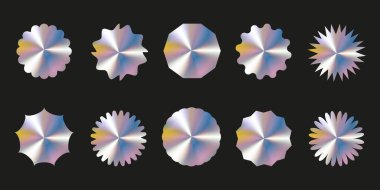 Holografik çıkartmalar. Amblemler. Gökkuşağı parlak etiketleri ve metin için yeri var. İzole edilmiş arkaplanda vektör tasarımları kümesi.