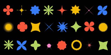 Soyut Y2K geometrik şekilleri. Siyah arka planda parlak fütüristik elementler kümesi. Düz vektör.