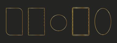 Sanat deco tarzında altın geometrik çerçeveler. Düğün davetiyesi için tasarım malzemeleri. Siyah arkaplanda izole edilmiş doğrusal vektör çerçeveleri.