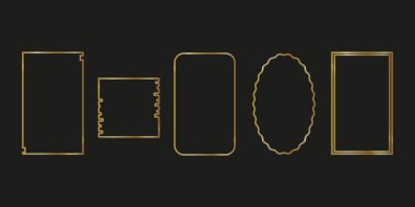 Sanat deco tarzında altın geometrik çerçeveler. Düğün davetiyesi için tasarım malzemeleri. Siyah arkaplanda izole edilmiş doğrusal vektör çerçeveleri.