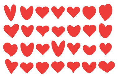 Farklı şekillerde büyük kırmızı kalpler, düz, el çizimi. Sevgililer Günü için tasarım öğeleri, web siteleri, düğün. Vektör. EPS 10.