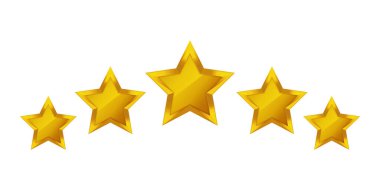 İzole edilmiş beyaz arka planda beş yıldız. Metalik kaplamalı beş element. Beğeni, ödül, değerlendirme. Vektör illüstrasyonu.