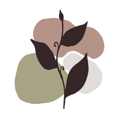 Arka planında geometrik şekiller olan el yapımı soyut bitki. Karışık stil. Doğal renklerde minimalist bir poster. Bauhaus tarzında bir geçmiş. Vektör tasarımı.