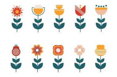 Bauhaus tarzı bir çiçek seti. Çiçeklerin ve yaprakların soyut geometrik şekilleri. Vektör illüstrasyonu.