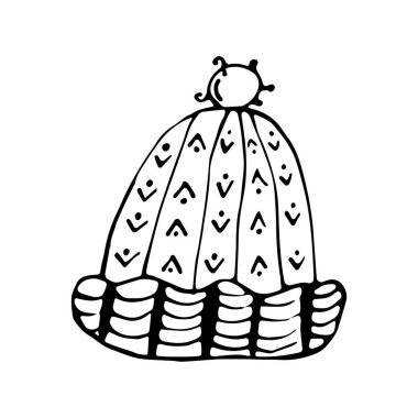 Karalama tarzında izole edilmiş bir arka planda kış şapkası. El yapımı bir adres. Örgü..