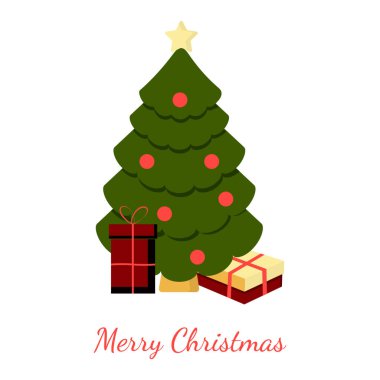 Mutlu noeller. İçinde yılbaşı ağacı, hediyeler, yazıtlar olan basit bir kart. Düz vektör Noel illüstrasyonu.