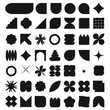 Geometrik şekillerin ve simgelerin soyut siluetleri. Siyahlı vahşi modern tasarım. İsviçreli tasarım estetiği. İlkel elementlerin vektör kümesi.