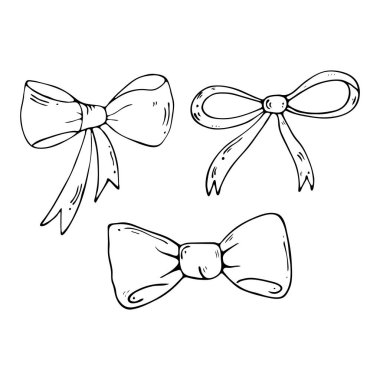 Çeşitli fiyonklar, karalama stili, hediye kurdeleleri. - Evet. El çizimi vektör illüstrasyonu.