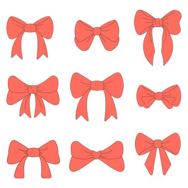 Kırmızı yay simgeleri seti. Tatiller için kırmızı kurdele siluetleri. Vektör illüstrasyonu.