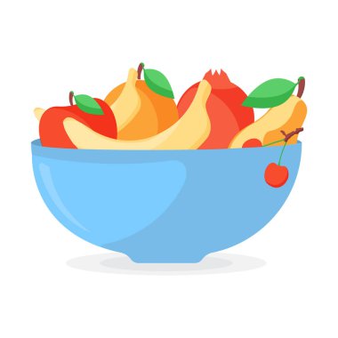 Meyveli kase. Muz, elma, nar, kiraz, portakal, armut. Vektör.