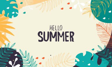 Merhaba yaz. Tropikal yapraklar ve mektuplarla dolu bir yaz dönemi. Vektör illüstrasyonu.