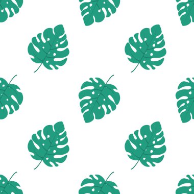 Tropikal yeşil yapraklı kusursuz desen. Beyaz arka planda bir canavar. Kumaş tasarımı, kapak ve arka plan için uygun. Vektör.