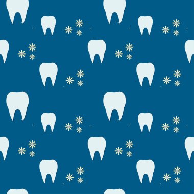 Koyu mavi bir arka planda kusursuz diş ve çiçek deseni. Diş hekimi. Vektör illüstrasyonu..