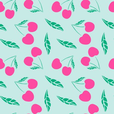 Meyve desenli. Mavi bir arka planda kiraz çileği. Kusursuz kiraz deseni..