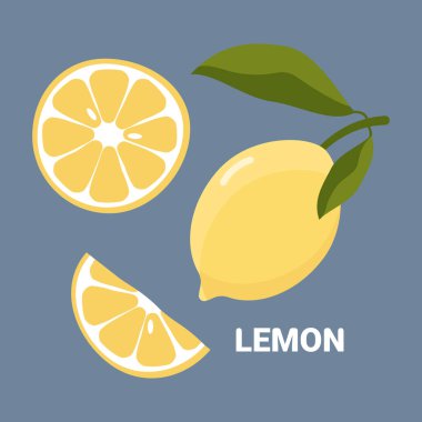 İzole edilmiş arkaplanda yazılı limon seti. Düz sarı turunçgil meyveleri. Vektör.