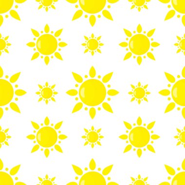 Düz güneşli kusursuz bir yaz şablonu. Sarı güneşlerle tekrar eden doku. Kartpostallar, afişler, posterler, tekstil resimleri.