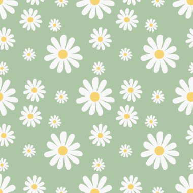 Yeşil arka planda elle çizilmiş papatya çiçeğiyle kusursuz desen yaz mevsimi. Vektör illüstrasyonu.