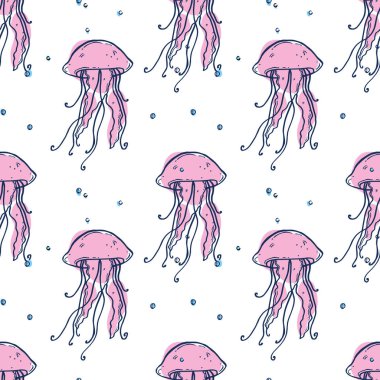 Denizanası ve baloncuklu kusursuz desen. Deniz yaratığının doğrusal deniz çizimi. Baskı, tekstil ve afiş için karalama tasarımı. Vektör.