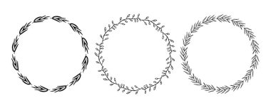 Bitki dallarından yapılmış siyah yuvarlak çerçeveler. Metin için arka plan. Vektör el çizimi illüstrasyon.