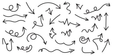 Elle çizilmiş ok koleksiyonu. Fırça çizimi. Beyaz arkaplan üzerine minimalist set.