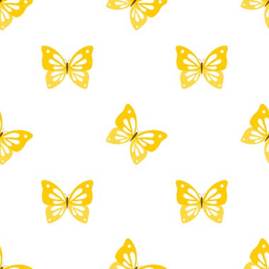 Sarı kelebekli kusursuz desen. Soyut böceklerle dolu bir arka plan. Vektör illüstrasyonu.