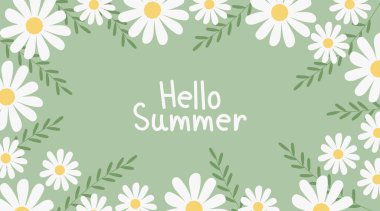 Merhaba yaz. Yeşil arka planda papatya çayı olan mevsimlik afişler. Vektör el çizimi resimleme.