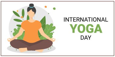 Uluslararası Yoga Günü. Lotus pozisyonunda bir kızla kutlama vektör pankartı..