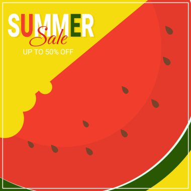 Yaz indirimi. Karpuzlu parlak ve sulu bir poster. Mevsimlik promosyon afişi. Vektör.