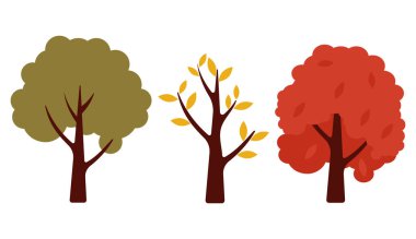 Sonbahar ağaçları. Renkli yeşil, sarı ve kırmızı ağaçlar. Vektör.