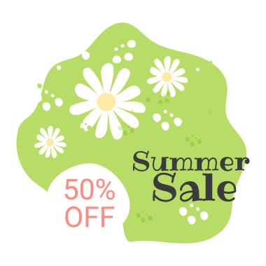 Yaz indirimi. Papatyalı poster. Mevsimlik promosyon için papatyalı pankart. % 50 indirim. Vektör..