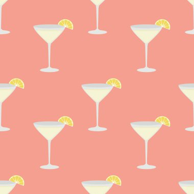 Pembe arka planda limon kokteyli resmi. Kusursuz desen. Vektör.