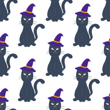 Beyaz arka planda kedili Cadılar Bayramı deseni. Tatil vektör illüstrasyonu.