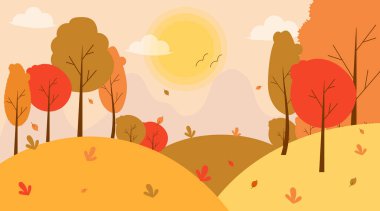 Düz dizayn edilmiş ağaçlarla sonbahar manzarası. Vektör.