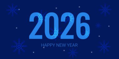 Mutlu yıllar 2026 afişleri, metin 2026, mavi arka planda kar taneleri. Yatay şablon. Vektör.