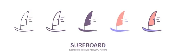 stock vector Cartoon surf board for wave, Surfboard front, top and side view. Surfer for water sport. surfing emblems, icon and label. Surfboards symbol. summer beach activity, surfing on sea waves sport.