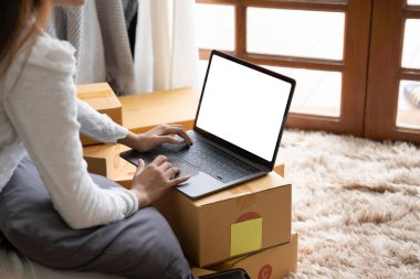 Genç girişim küçük girişimci kadın paket paketleme posta kutusu teslimat paketi, çevrimiçi iş, dış ticaret ve teslim kavramı.