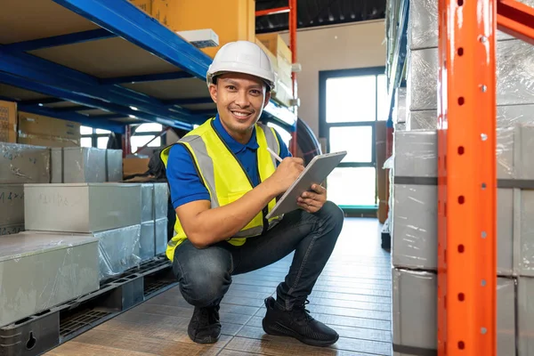 Portrait Asian Warehouse Worker Checking Delivery Status Package Tablet — Stock Photo, Image