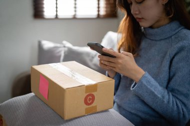Başlangıçta küçük işletme girişimcisi KOBİ serbest kadın akıllı telefonla çalışıyor, genç Asyalı küçük işletme sahibi bilgisayar kullanıyor, çevrimiçi pazar paketleme kutusu dağıtımı, KOBİ e-ticaret tele pazarlama kavramı.