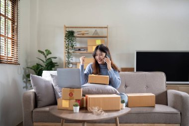 Başlangıçta küçük işletme girişimcisi KME, Mutlu Asyalı kadın telefonla sipariş alıyor. Başarı genç Asyalı küçük işletme sahibi ev sahibi, çevrimiçi satış pazarlama teslimatı, KME e-pazarlama