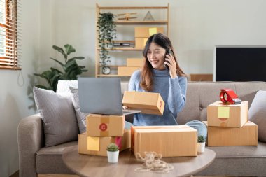 Küçük işletme girişimcisi KOBİ 'li serbest kadın, telefon görüşmesini ev ofisindeki ürünleri kontrol eden müşteriden, çevrimiçi pazarlama teslimat kutusu, KOBİ' nin e-ticaret kavramından alıyor..