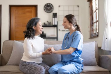 Nurse, hands and senior patient in empathy, safety and support of help, trust and healthcare consulting. Nursing home, counseling and gratitude for medical caregiver, client and hope in consultation.