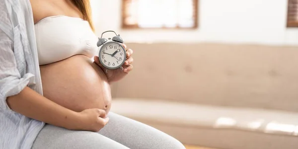 An Asian pregnant woman in comfortable clothes sits on a chair in her living room, holding her belly and alarm clock. awaiting baby, babys due date concept.