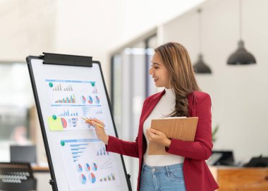 Young businesswoman presentation marketing and profit with confident at office, investment and seminar for planning of finance, business woman standing explaining chart and graph.