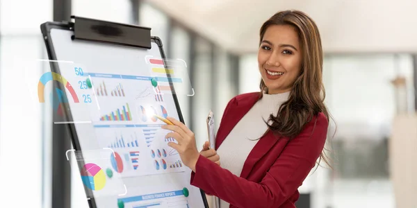 Young businesswoman presentation marketing and profit with confident at office, investment and seminar for planning of finance, business woman standing explaining chart and graph.