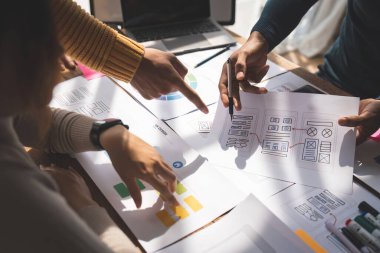 business creative team in mobile application software design project. Brainstorm meeting, work together, internet technology, office coworker teamwork concept.