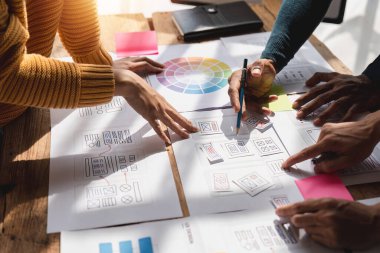 Brainstorm team of creative Web Graphic Designer planning, Group of asian mobile phone app developer team meeting for share ideas about screen prototype layout for smartphone, ui, ux startup small