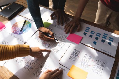 Brainstorm team of creative Web Graphic Designer planning, Group of asian mobile phone app developer team meeting for share ideas about screen prototype layout for smartphone, ui, ux startup small