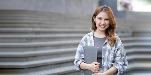 Asian Female College Student Her Laptop Front Campus Building — Stock Photo, Image