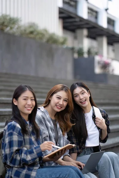 Nice Young Students Use Laptop Class Sitting Outdoors Girls Wear — Stockfoto